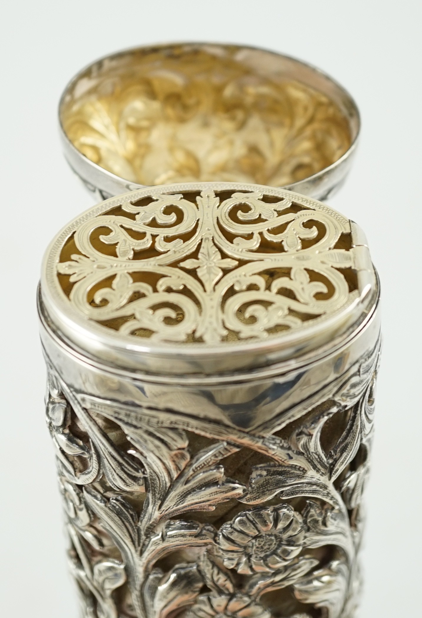An unusual large late Victorian silver mounted glass combination scent bottle and vinaigrette, by Drew & Sons